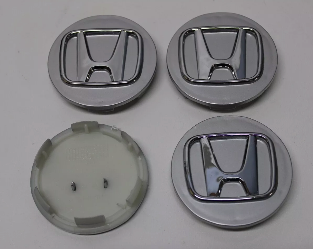 1999-2022 HONDA CIVIC GLOSSY SILVER Wheel Center Caps Black 58mm Rim Emblem Logo