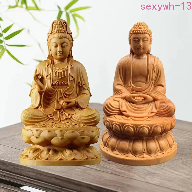 1PC Solid Wood Cypress GuanYin Sakyamuni Buddha Statue for Meditation and Decor