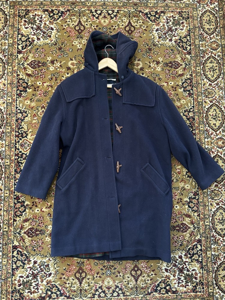 Mens Vintage LL Bean Navy Plaid Lined Duffle Toggle Coat USA Size S