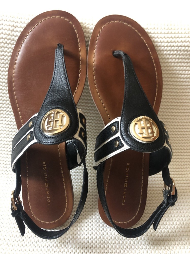 TOMMY HILFIGER Lavas Slingback Sandals Size 9 Black Brown Gold Medallion