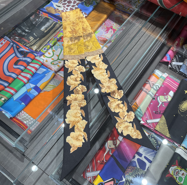 Pure Twill Silk Scarf Yellow Gardenia Print Headband Necktie 100x6cm