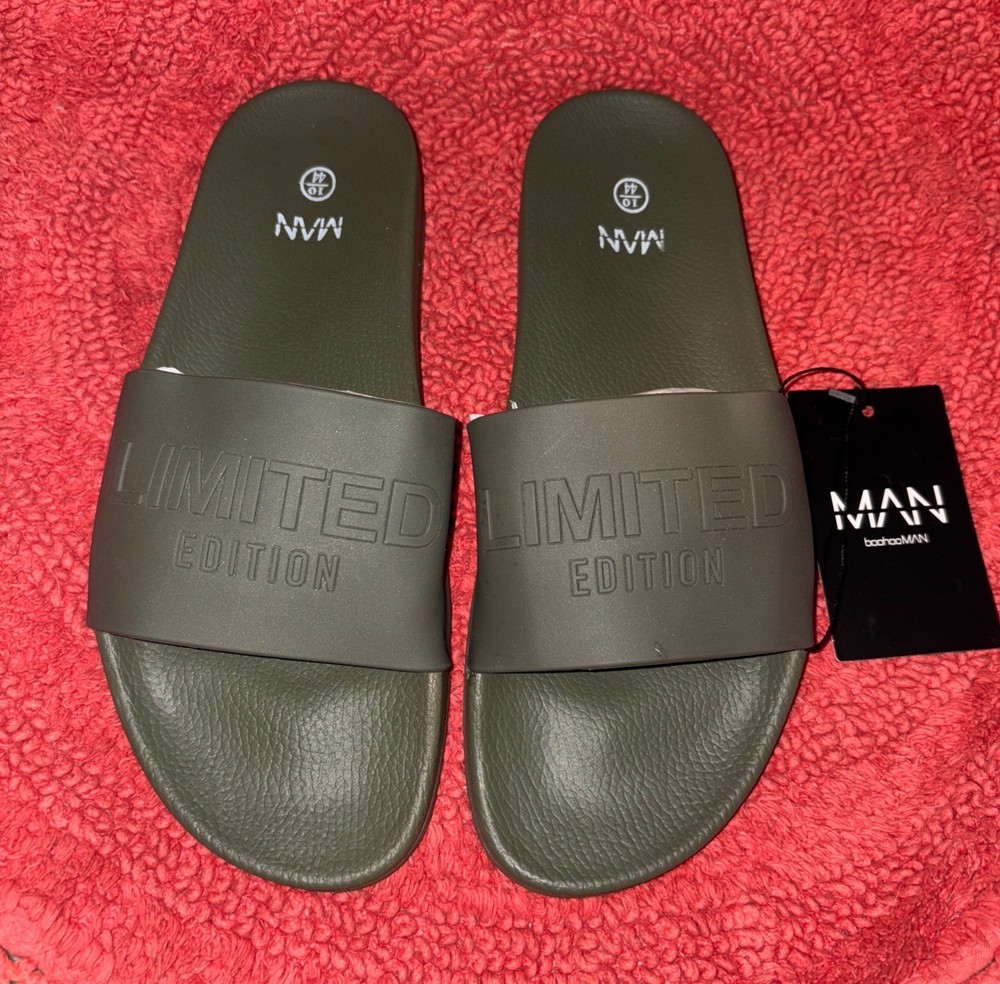 Boohooman MAN Limited Edition Flip Flops Slides / Slider, Mens Sz 10, Olive Drab