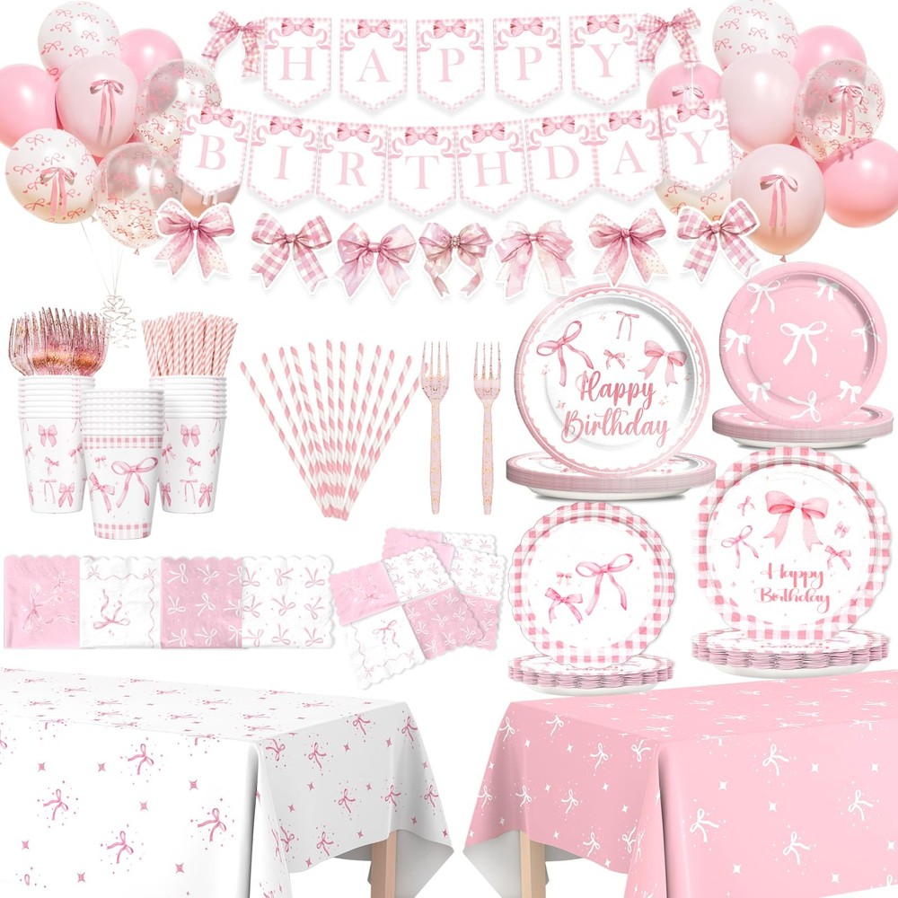 Pink Bow Birthday Party Supplies - 171 PCs Coquette Party Decorations Include...