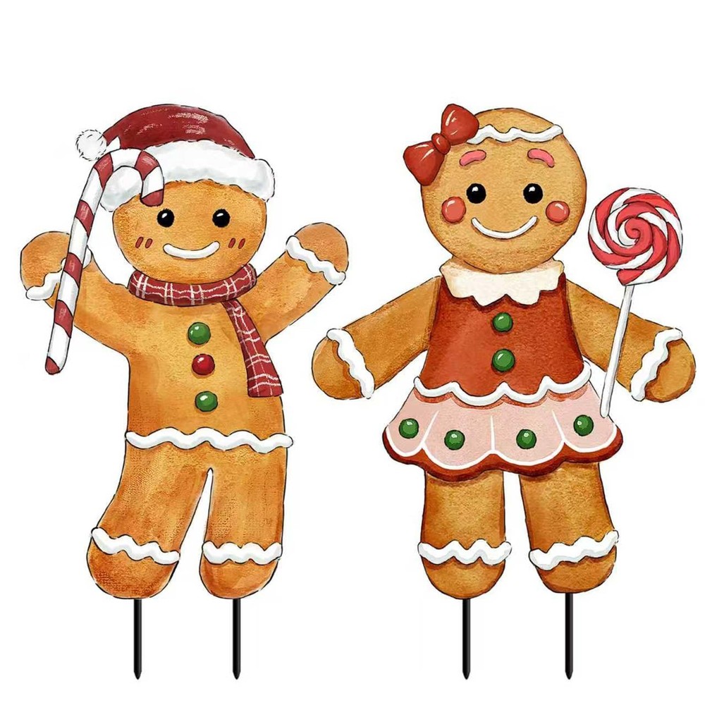 Christmas Decorations Outdoor, 2Pcs Gingerbread Man Metal Yard Signs with Sta...