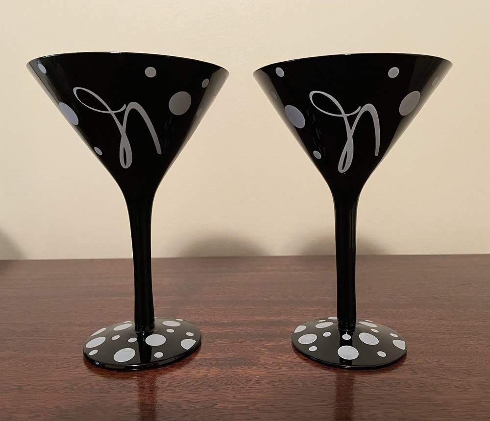 Polka Dot Monogrammed Black Martini Glasses Set of 2 Elegant N Design