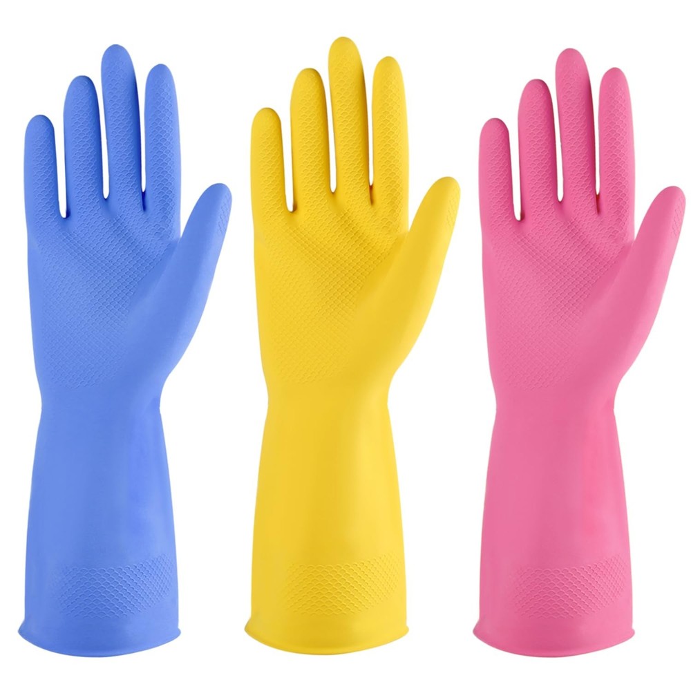Multicolor reusable rubber cleaning gloves 3 pairs for dishwashing and household chores
