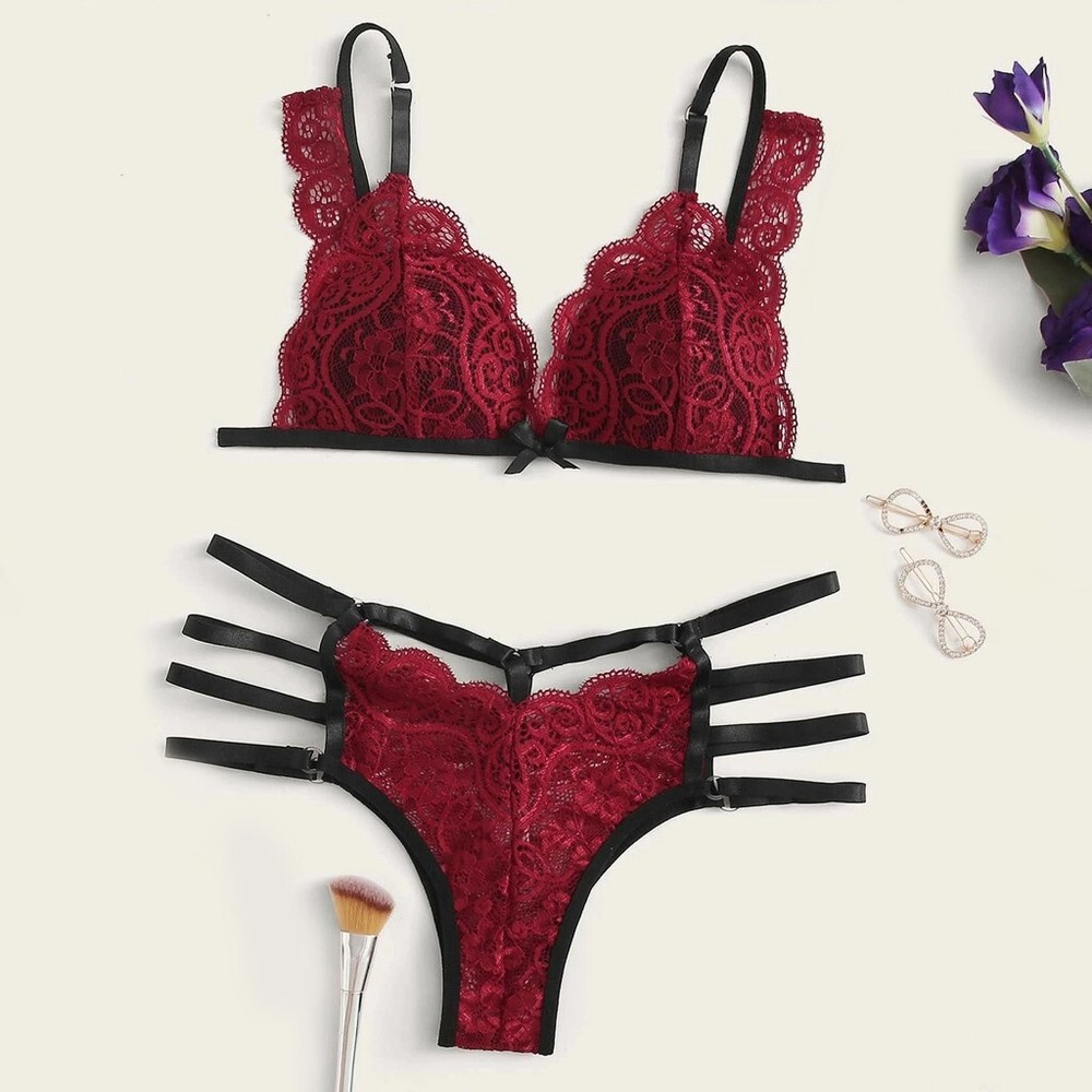 NEW Women Sexy Bra G-String Set Thong Sleepwear Underwear Flower Lace US