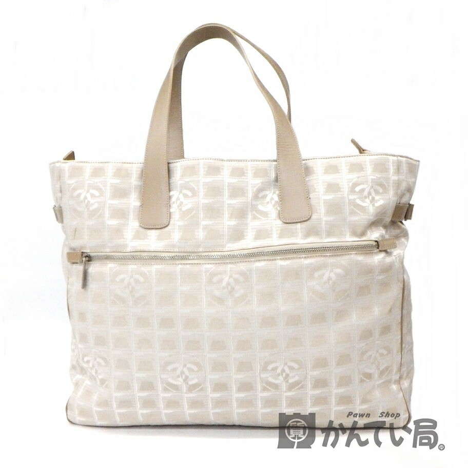 Chanel Travel Line Tote Bag TGM Beige Nylon Leather Preowned