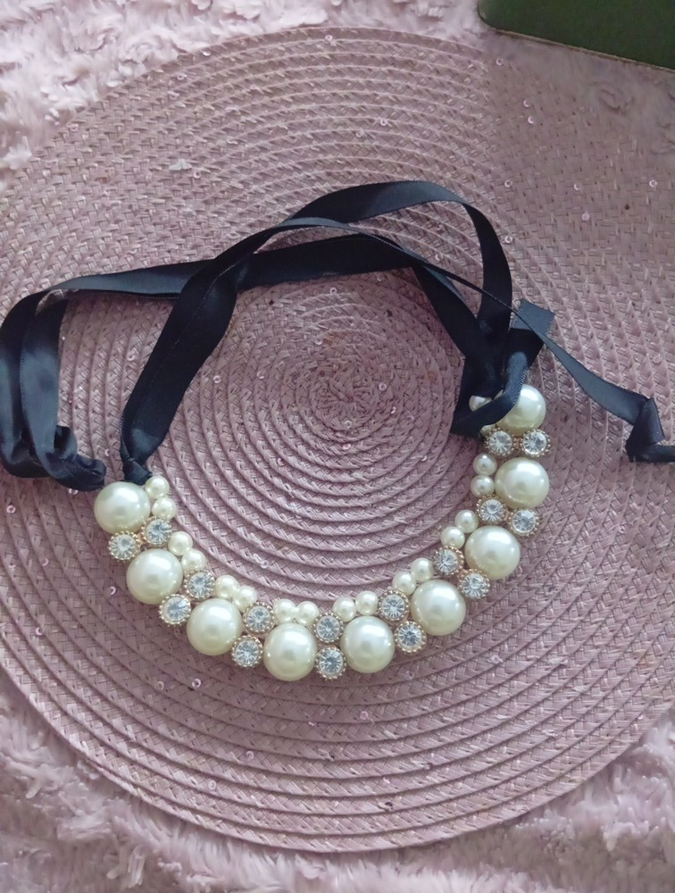 Black satin ribbon with faux pearl embellishment