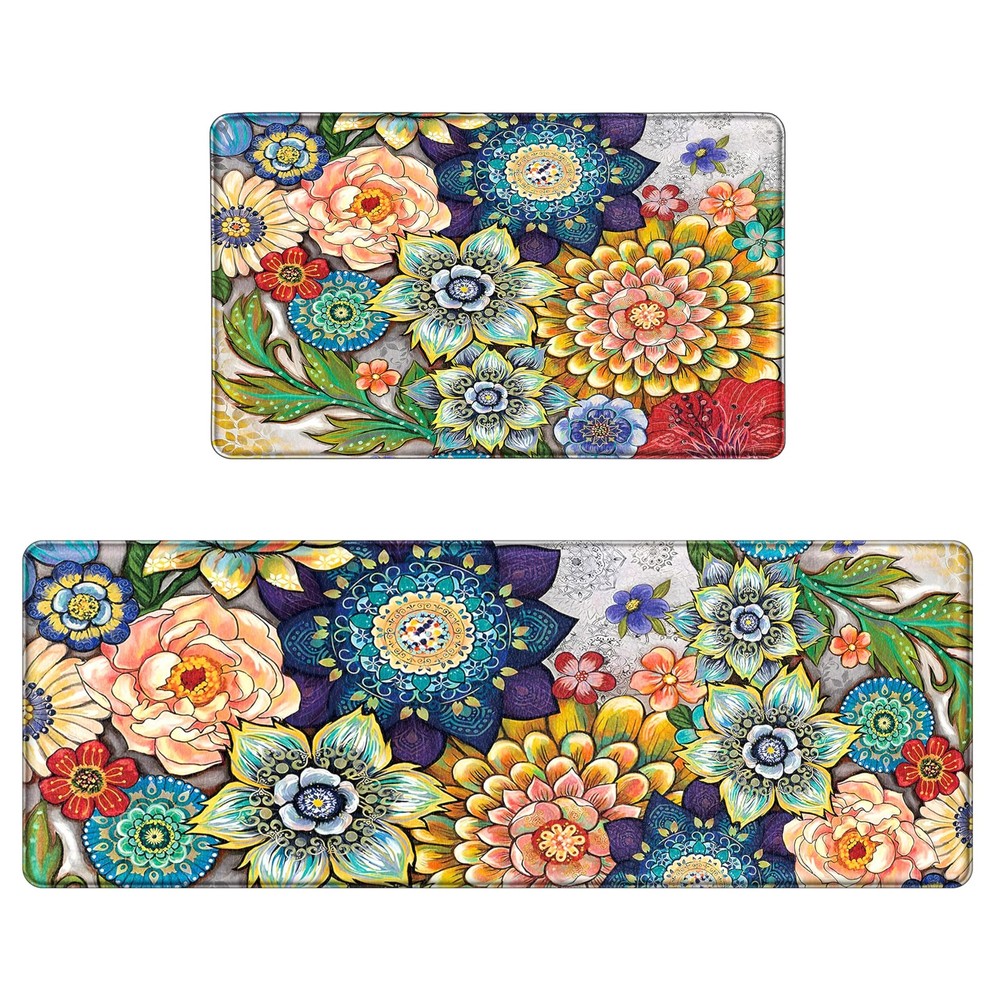 Boho Floral Kitchen Rug Set 2-Piece Memory Foam Padded Non-Slip Floor Mats