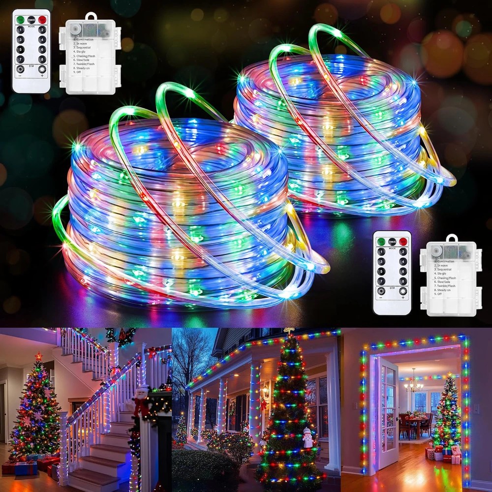 2-Pack Battery Operated Rope Lights for Outside, Total 66FT 200LED 8 Modes Batte