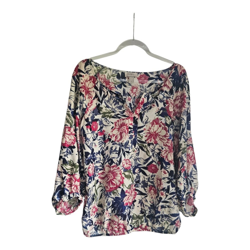 Ann Taylor LOFT Womens S Blouse Elastic Waist 3/4 Sleeve Floral V-Neck Relaxed
