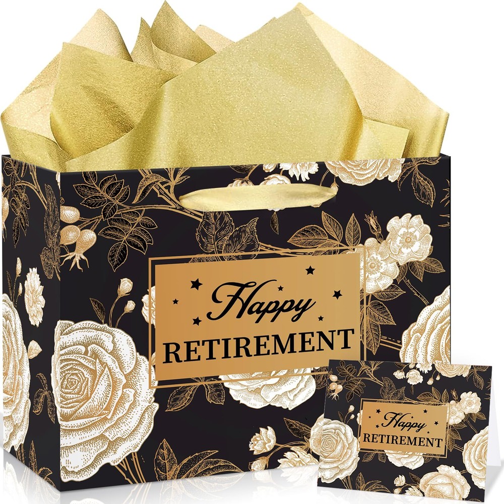 Retirement Gift Bag for Women Black Gold Happy Retirement Gifts Wrapping Pape...