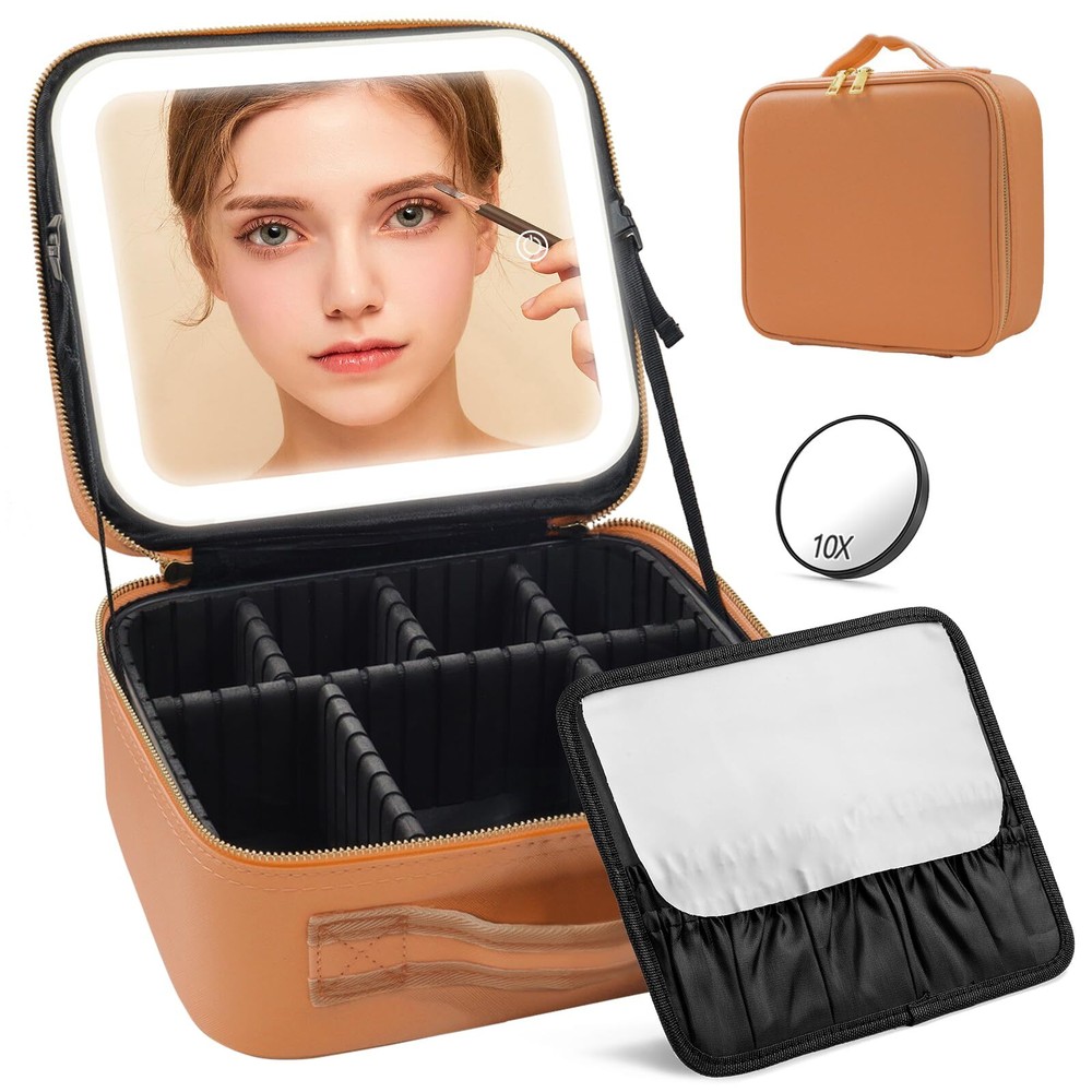 Lighted Waterproof Travel Makeup Case with Mirror in Brown