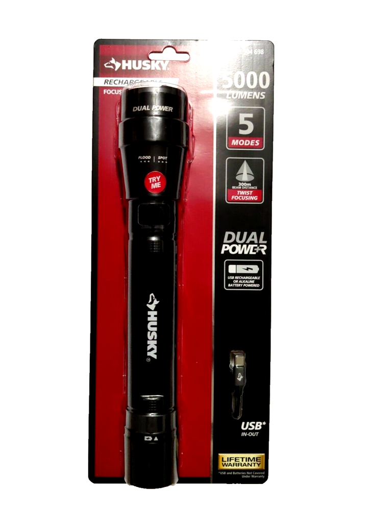 Husky Flashlight 5000 Lumens Dual Power LED Rechargeable Battery