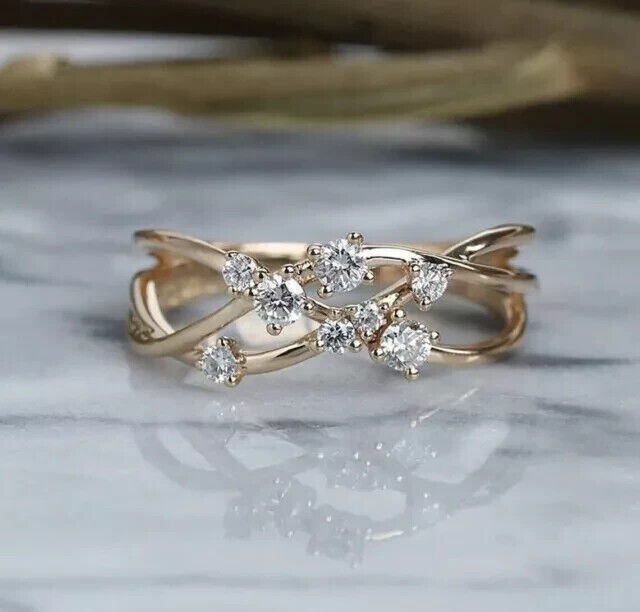 1.10Ct Round Cut Simulated Diamond Twisted Wedding Ring 14K Yellow Gold Plated