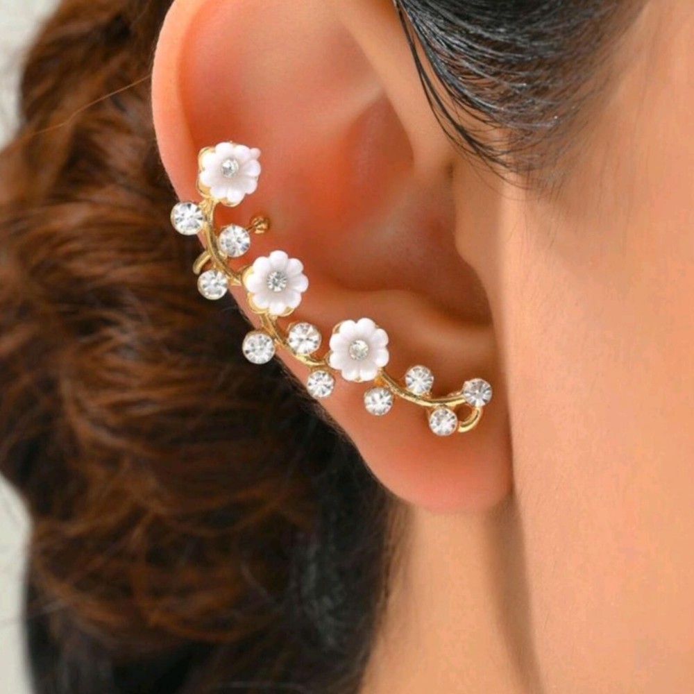 18k Gold Ear Cuff Climber Stud Earring with CZ Sparkle for Bridal Wedding Jewelry and Special Occasions