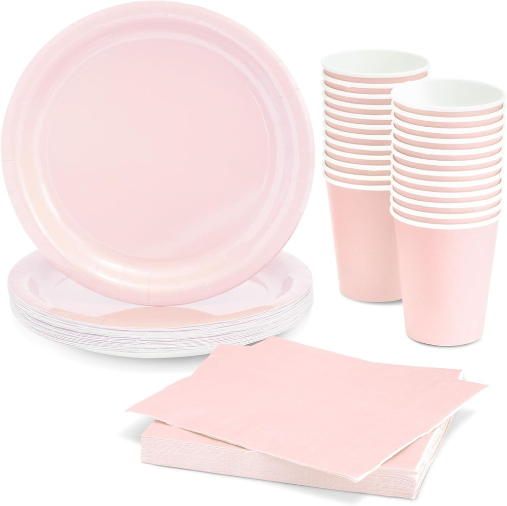 24-Piece Pink Party Set with Plates, Cups & Napkins for Birthdays