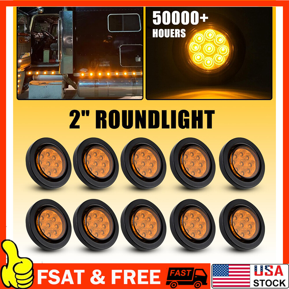 10-Pack 2 Inch 9LED Amber Round Clearance Side Marker Lights for Trucks and Trailers