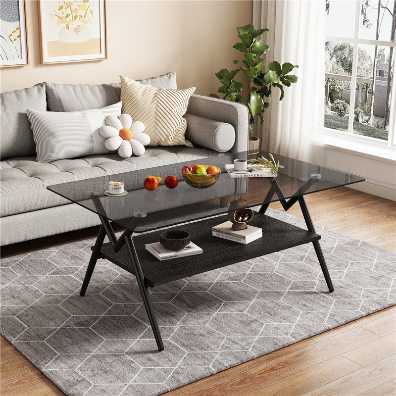 Glass Coffee Rectangular Table Modern W/ MDF Shelf Living Room Furniture Home