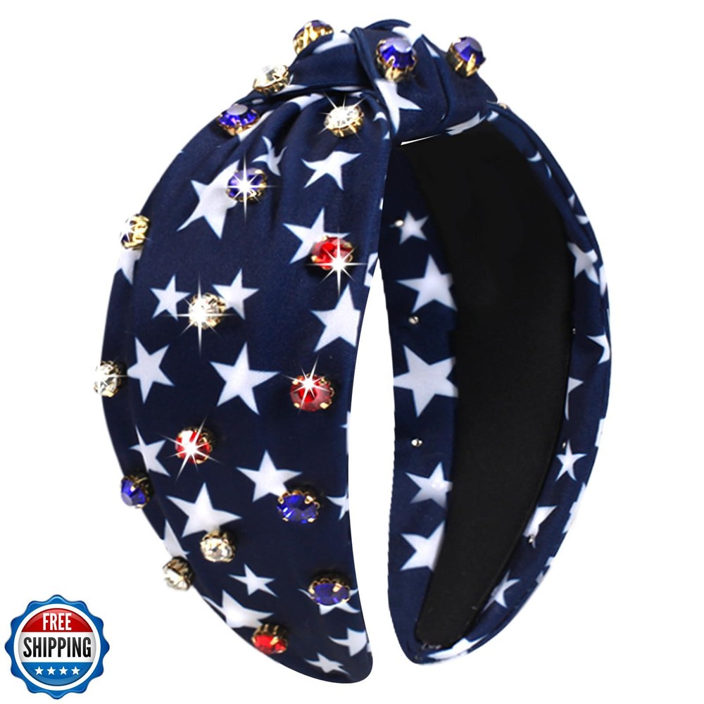 4th of July Budsmile Headbands for Women Girls Patriotic Wide Knotted Rhinestone Design