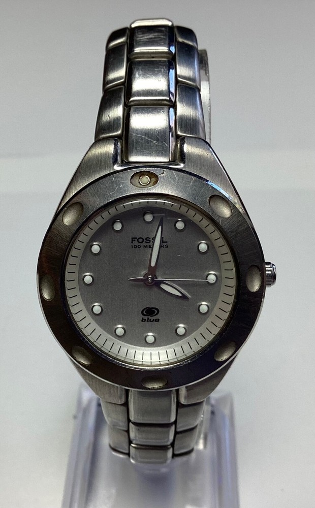 Fossil Blue AM-3301 Silver Tone Women's Watch with Rotating Bezel 100M Water Resistant New Battery