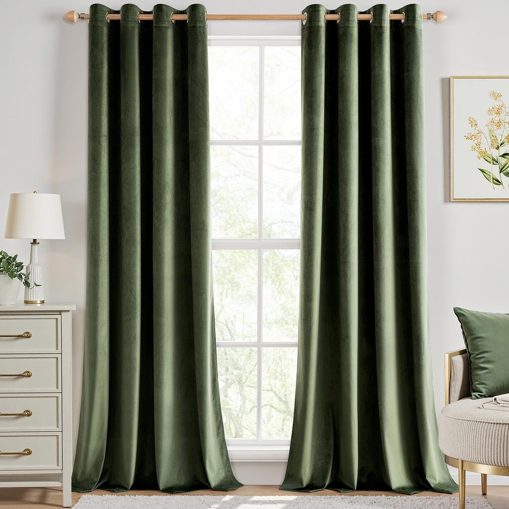 Olive Green Velvet Curtains 108 Inches Long Blackout Thermal Insulated Soundp...