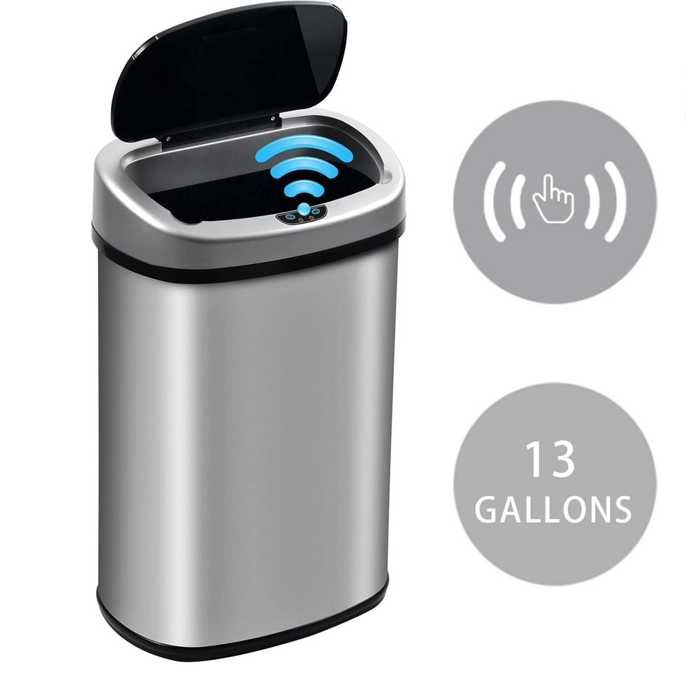Kitchen Trash Can with Lid, 13 Gallon Automatic Stainless Steel Garbage Can with