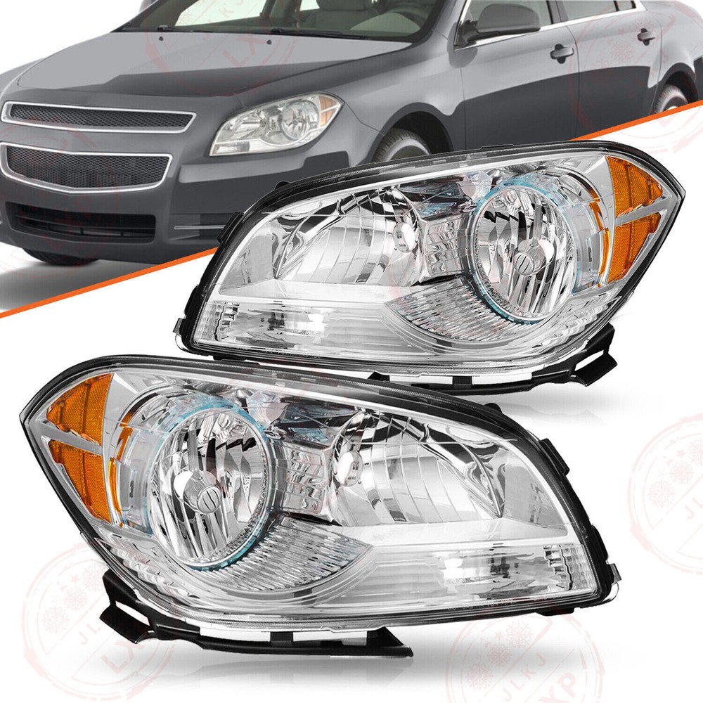 For 2008-2012 Chevy Malibu Pair Headlights Assembly Chrome Set Headlamp W/ Amber