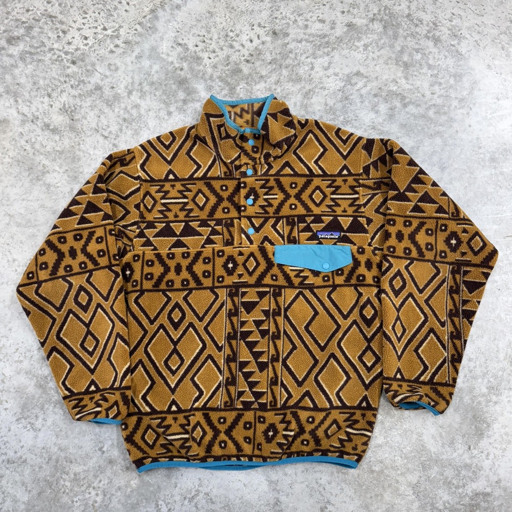 Patagonia Fleece Pullover Mens Small Brown Synchilla Snap-T Aztec Geometric