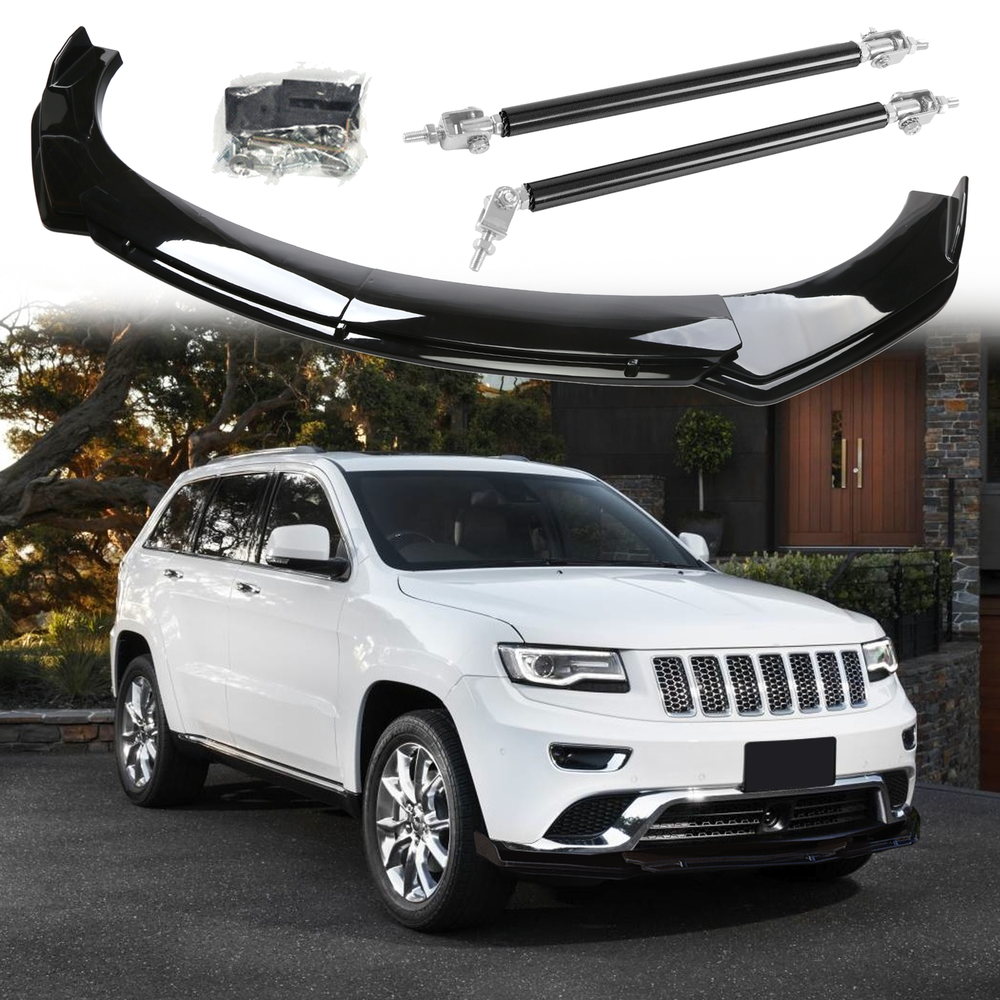 For Jeep Grand Cherokee Front Bumper Lip Splitter Spoiler Glossy+Strut Rods