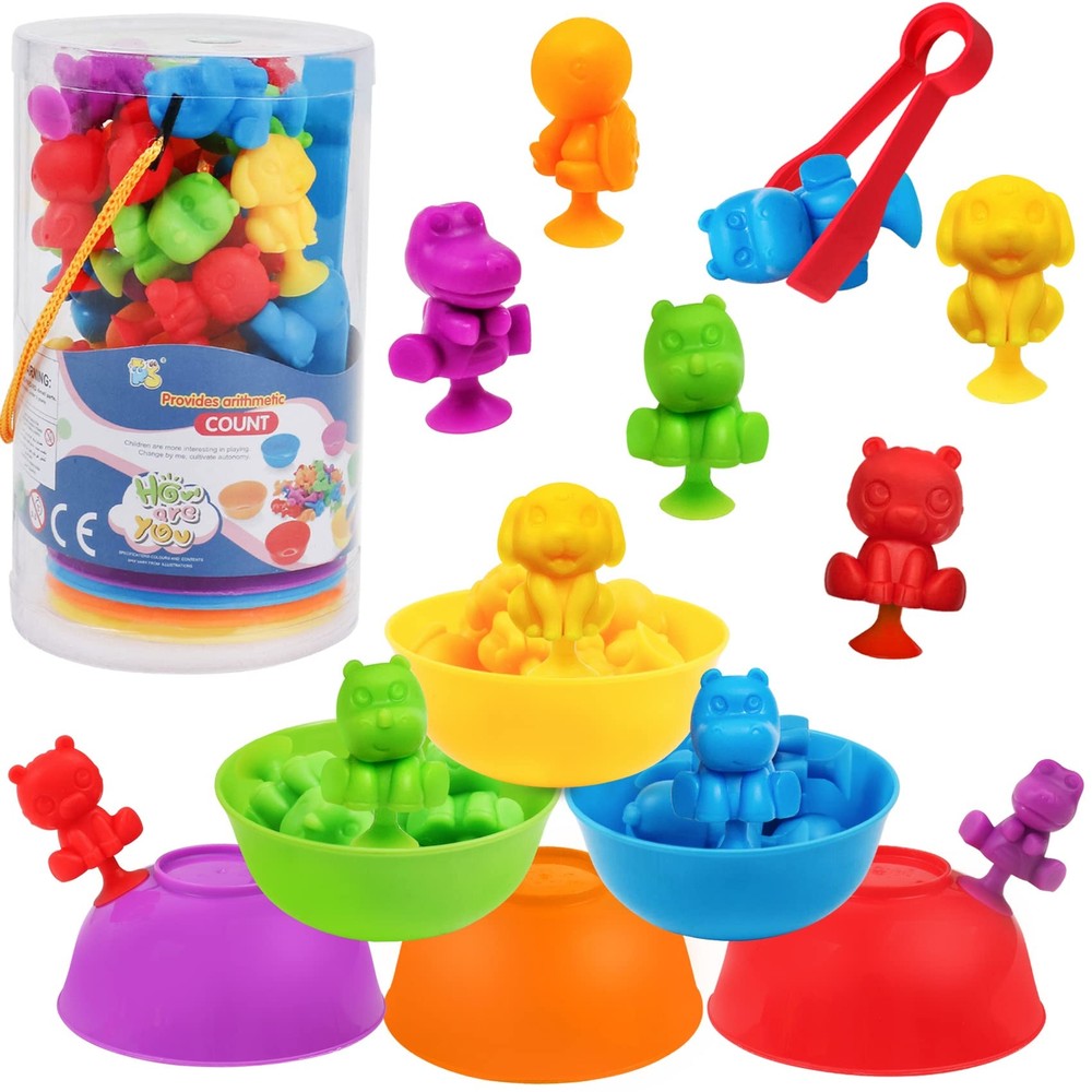 USATDD Counting Animal Suction Toys Color Sorting Toys with Bowls Suction Cup...