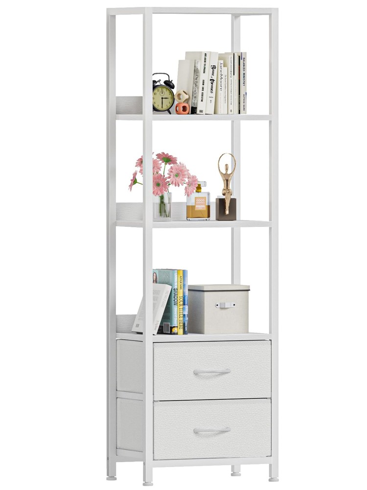 4-Tier Corner Shelf, Bookshelf with 2 Storage Drawers, 57.28”Tall Narrow Book...