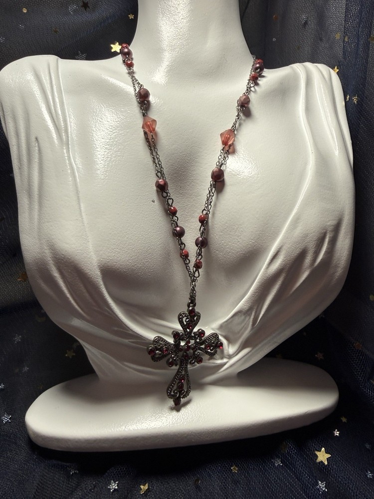 Vintage Gothic Cross Pendant Necklace Red Rhinestones Gunmetal Tone Beaded 30”