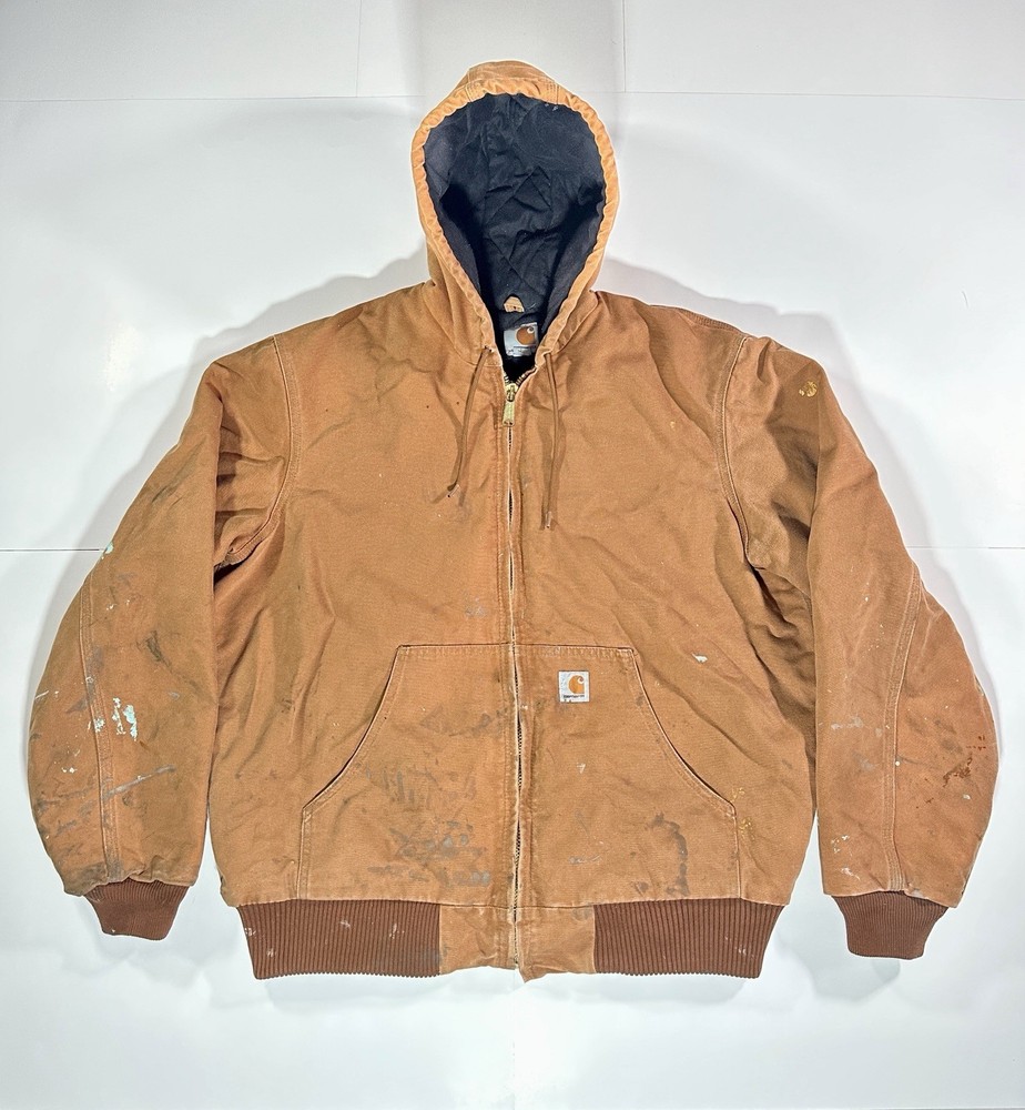 Vintage Carhartt J140 Brown Quilted Hooded Jacket Large Tall Distressed USA Made