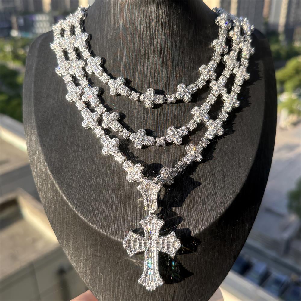 Hip Hop Bling Zircon Cross Pendant Necklace with Tennis Chain