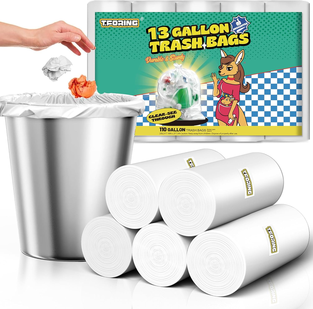 13 Gallon Tall Kitchen Trash Bags - 110 Count Clear Plastic Garbage Bags Unscent
