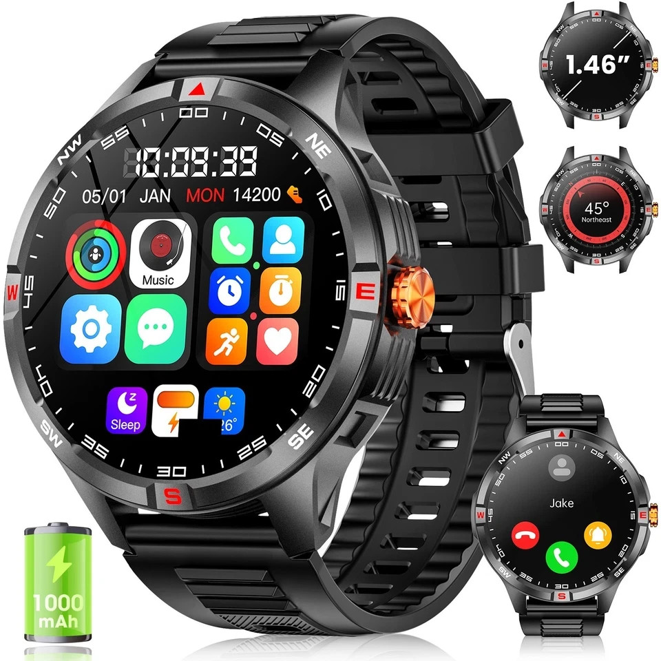 1.46'' HD Screen Smart Watch, Waterproof Fitness Smart Watches Compass 1000mAh