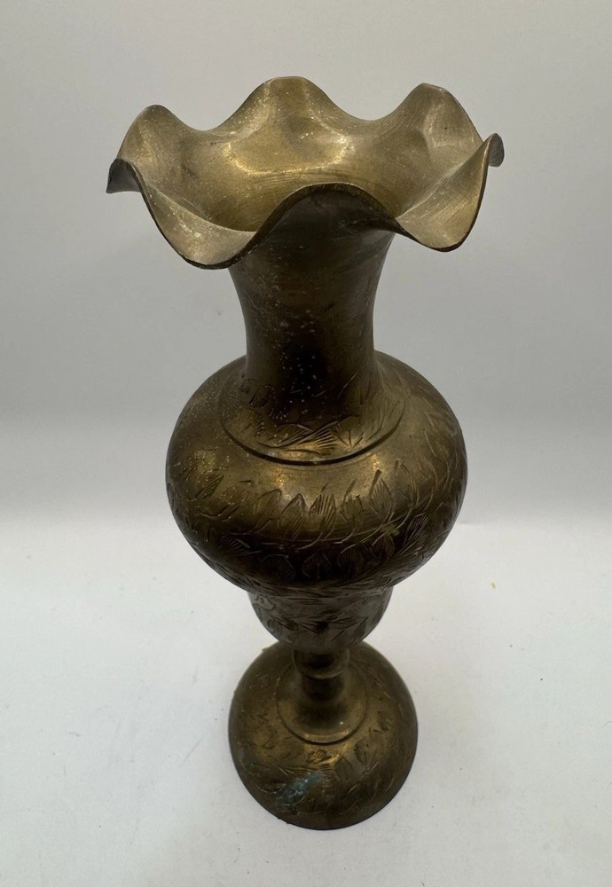 Vintage Indian Brass Trumpet Vase Etched Floral 9” Boho Decor