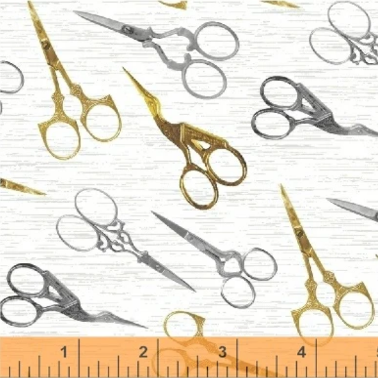 Sewing Theme Fabric with Scissors Toss White Design by Windham