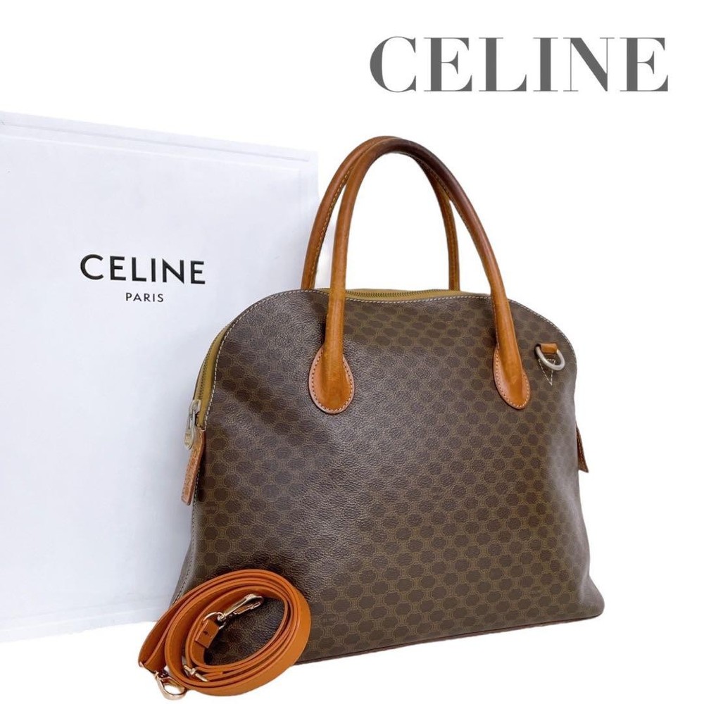 CELINE Macadam PVC Brown Tote Bag 2-Way Shoulder Authentic Excellent