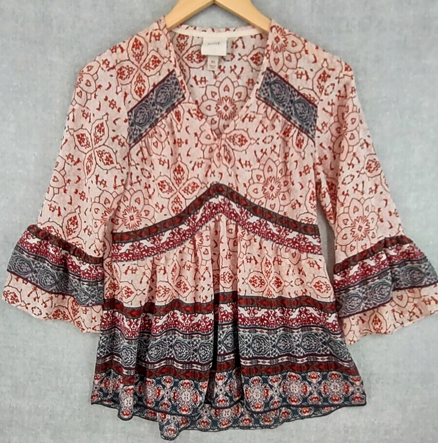 Knox Rose Womens XS Bohemian Bell Sleeve Flowy Tunic in Multicolor