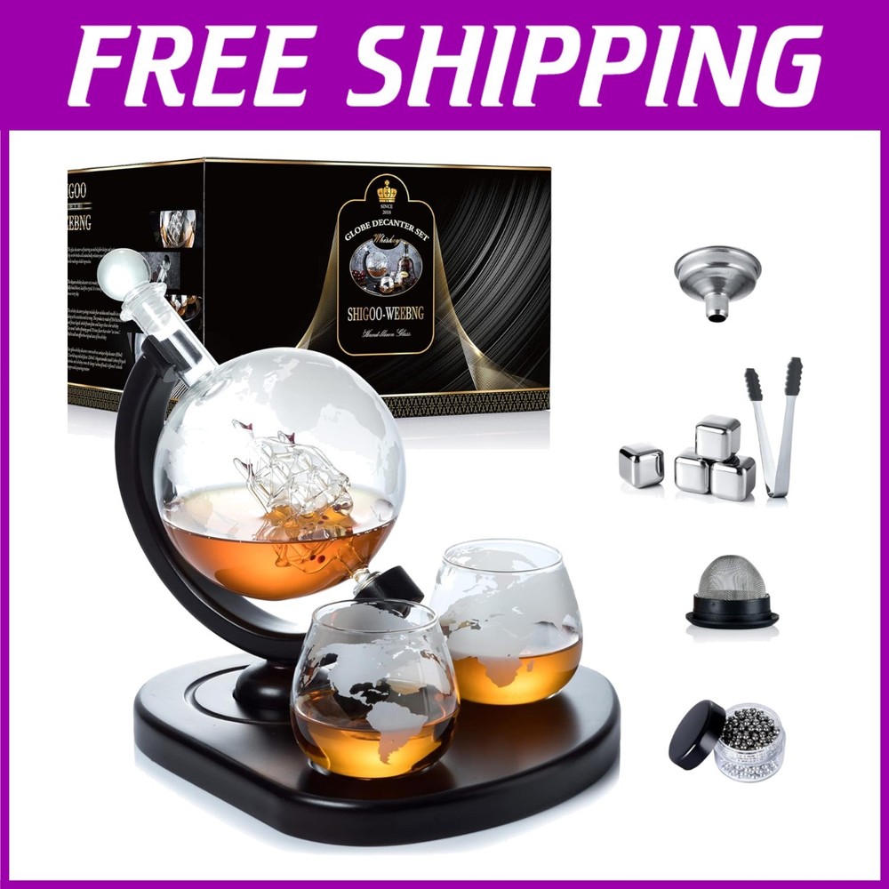 Luxury Globe Whiskey Decanter Set with Stones and Cleaning Tools - Ideal Gift