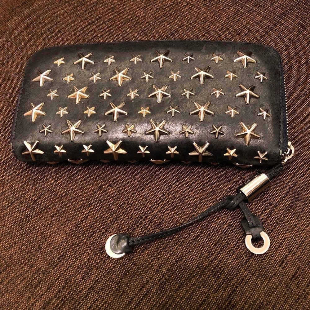 Jimmy Choo Filipa Star Studded Long Leather Zip Wallet Black Silver Pre-Owned