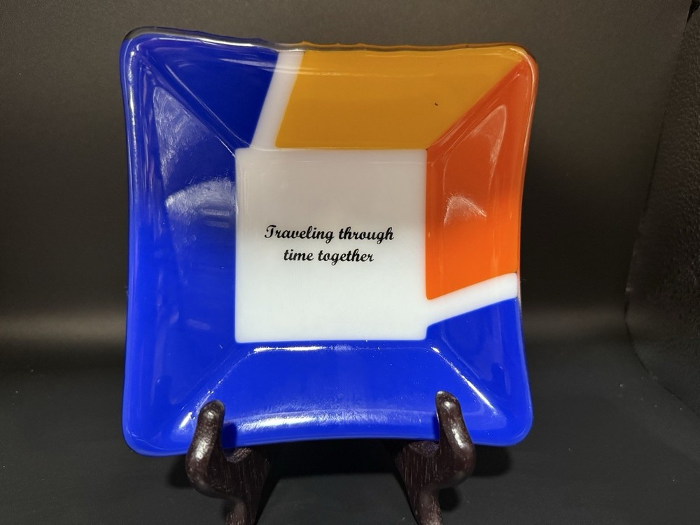 6 Inch Blue Yellow Orange Fused Glass Square Dish