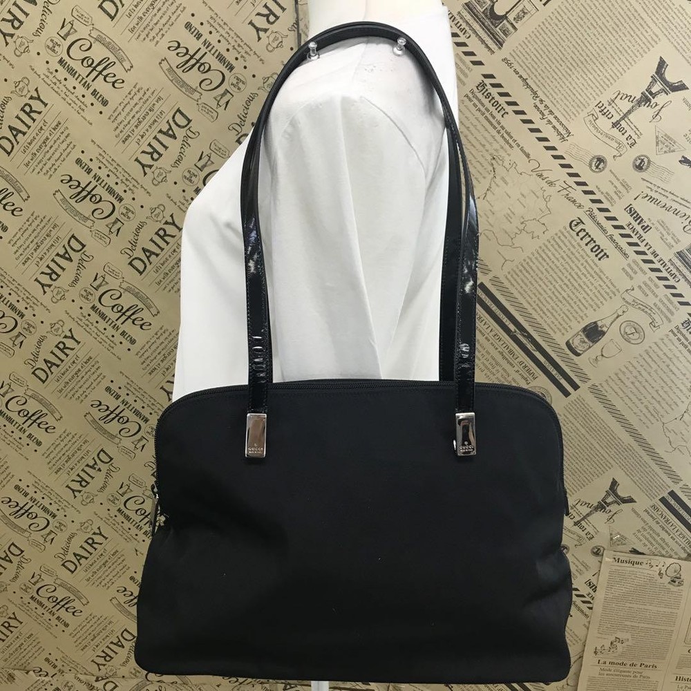 Gucci Mini Boston Nylon Shoulder Tote Bag Black Pre-Owned Excellent Condition