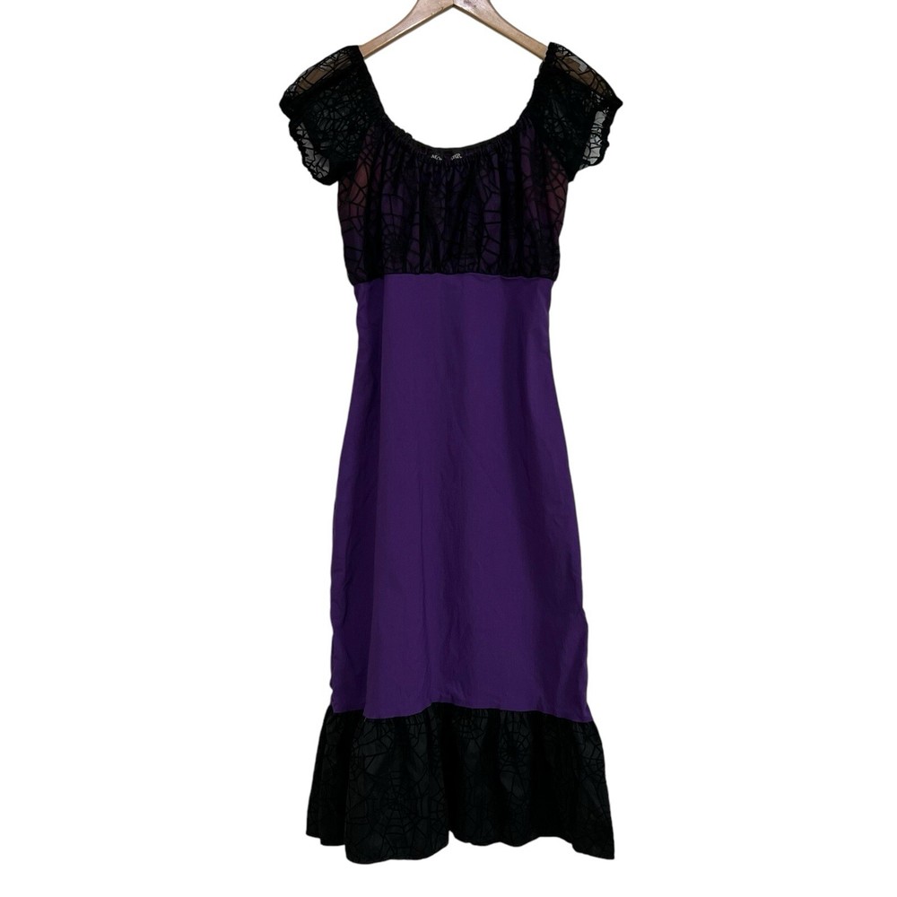 Mode Merr Purple Black Bodycon Midi Dress Spider Web Detail Large Witch Gothic