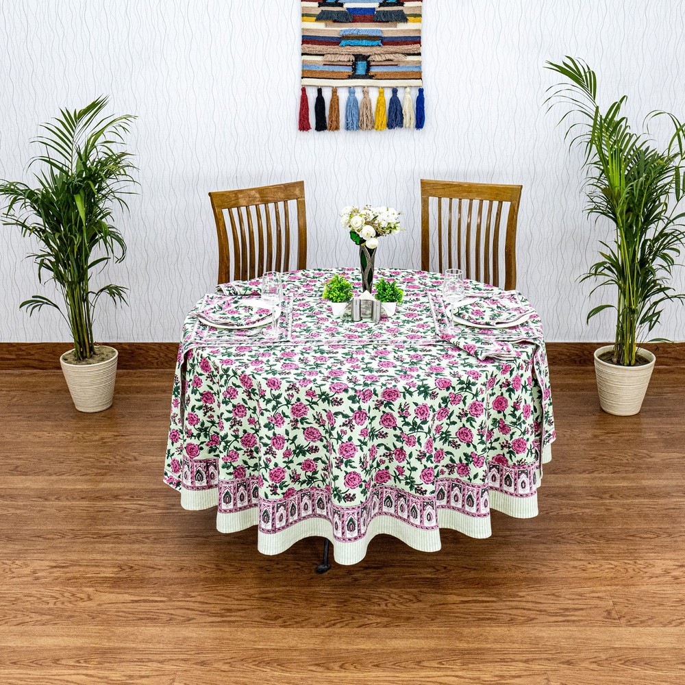 Handblock Printed Round Cotton Tablecloth for Dining and Home Decor