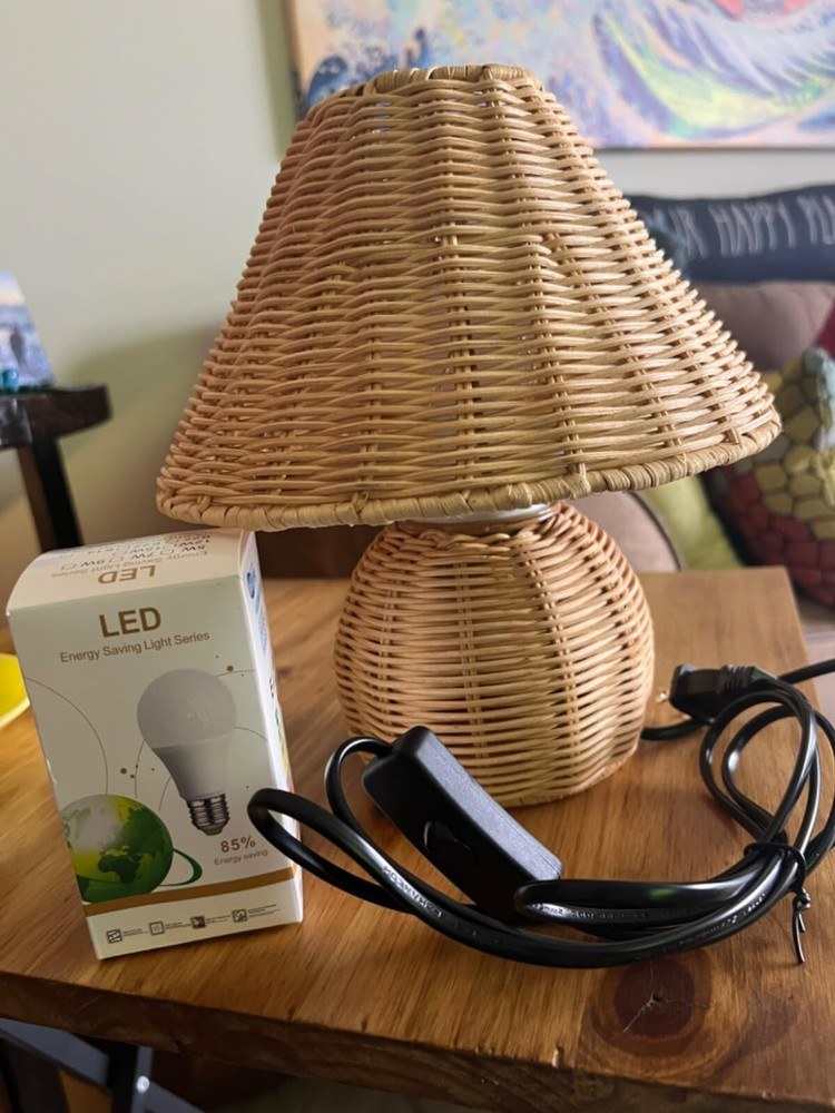 Bamboo Table Lamp Handmade Boho Rattan Vintage Bedside Lamp Wooden Nightstand