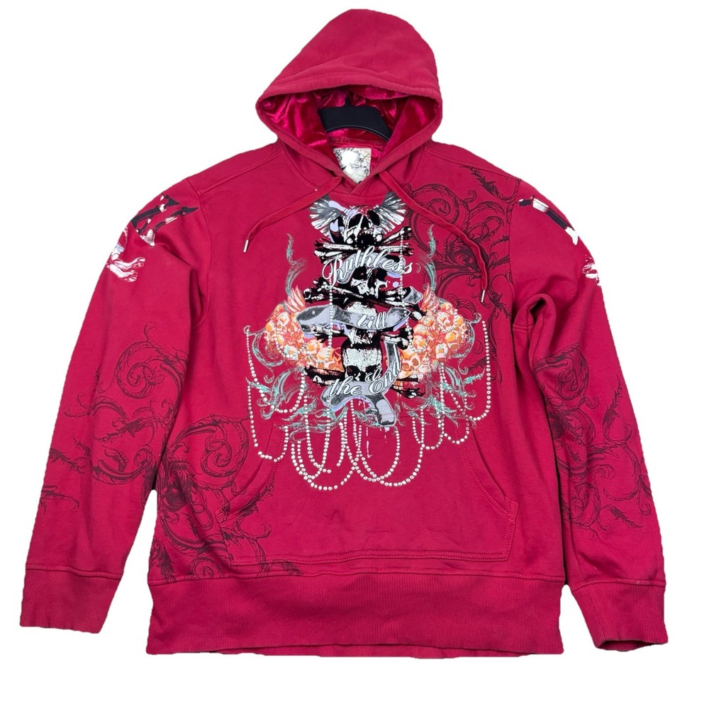Ruthless Art Gothic Streetwear Rhinestone Graphic Hoodie Men’s 2XL Red Skull Y2K